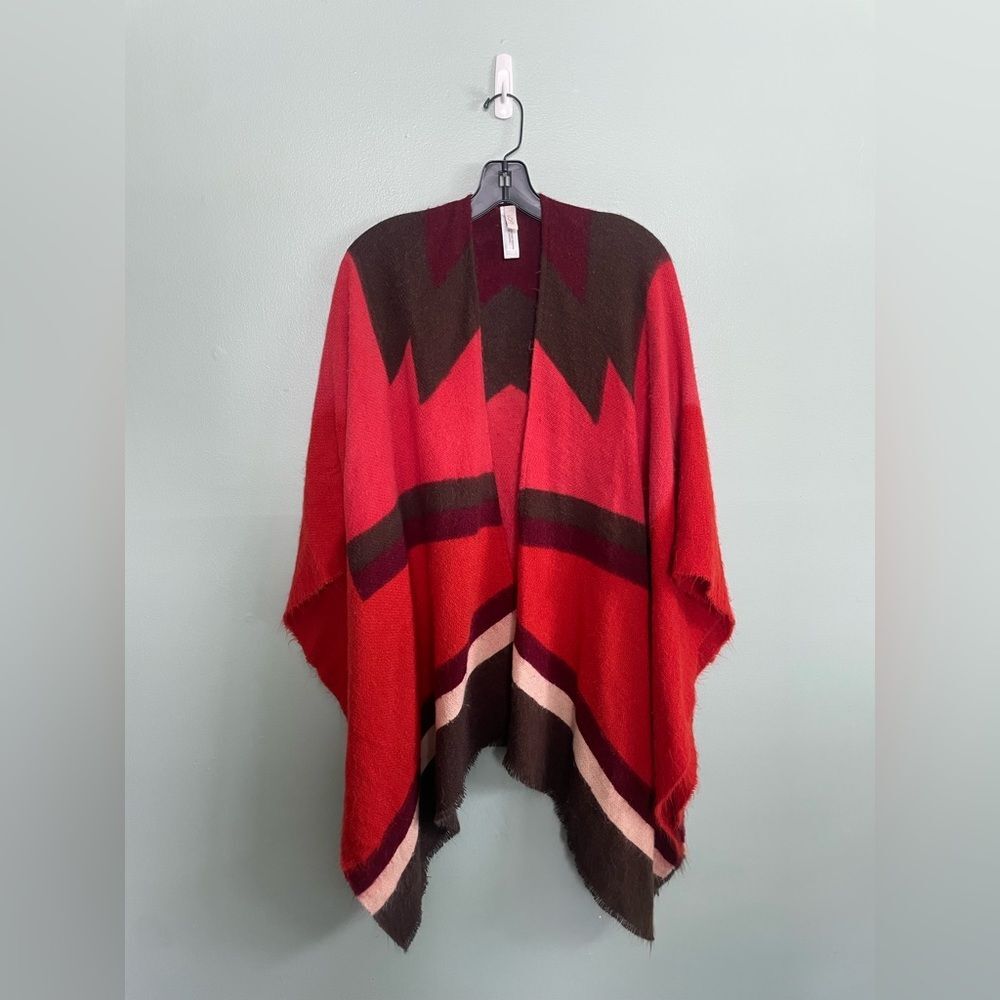 LOFT Women’s Geometric Southwest Burgundy and Brown Knit Poncho Shawl One Size